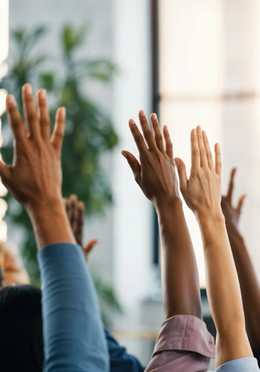 Mãos levantadas de voluntários